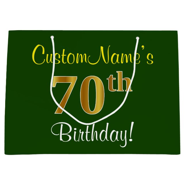 Elegant, Green, Faux Gold 70th Birthday + Name Large Gift Bag (Front)
