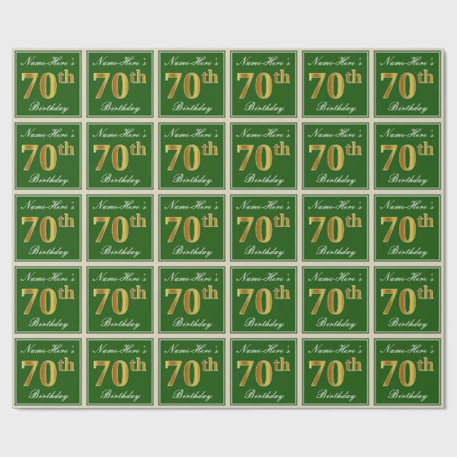 Elegant, Green, Faux Gold 70th Birthday + Name Wrapping Paper (Flat)