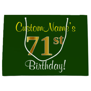Elegant, Green, Faux Gold 71st Birthday + Name Large Gift Bag