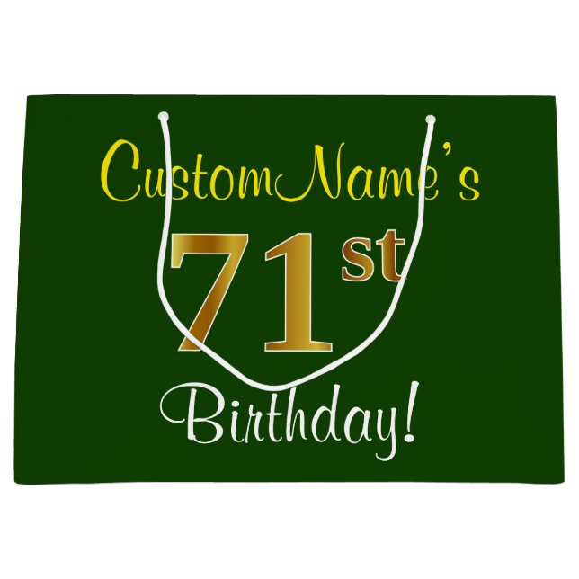 Elegant, Green, Faux Gold 71st Birthday + Name Large Gift Bag (Front)