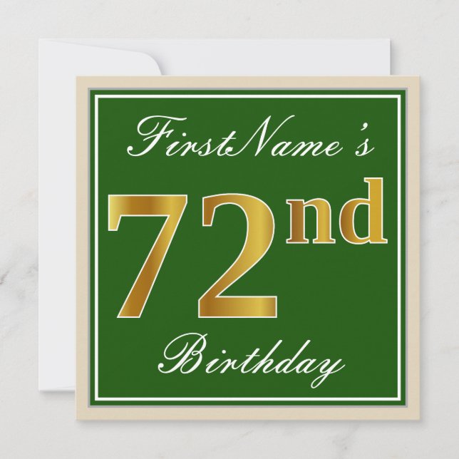 Elegant, Green, Faux Gold 72nd Birthday + Name Invitation (Front)