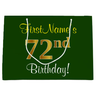 Elegant, Green, Faux Gold 72nd Birthday + Name Large Gift Bag