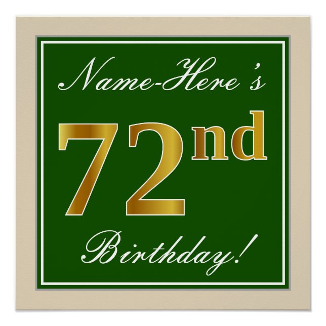 Elegant, Green, Faux Gold 72nd Birthday + Name Poster (Front)