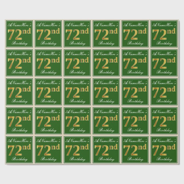 Elegant, Green, Faux Gold 72nd Birthday + Name Wrapping Paper (Flat)