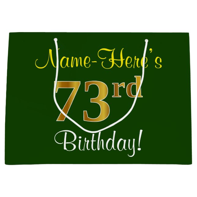 Elegant, Green, Faux Gold 73rd Birthday + Name Large Gift Bag (Front)
