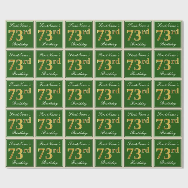Elegant, Green, Faux Gold 73rd Birthday + Name Wrapping Paper (Flat)