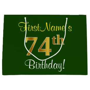 Elegant, Green, Faux Gold 74th Birthday + Name Large Gift Bag