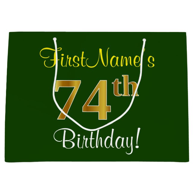 Elegant, Green, Faux Gold 74th Birthday + Name Large Gift Bag (Front)