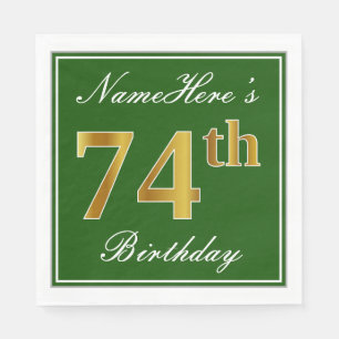 Elegant Green, Faux Gold 74th Birthday + Name Napkin