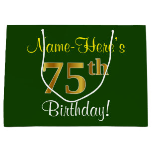 Elegant, Green, Faux Gold 75th Birthday + Name Large Gift Bag