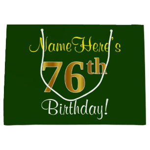 Elegant, Green, Faux Gold 76th Birthday + Name Large Gift Bag