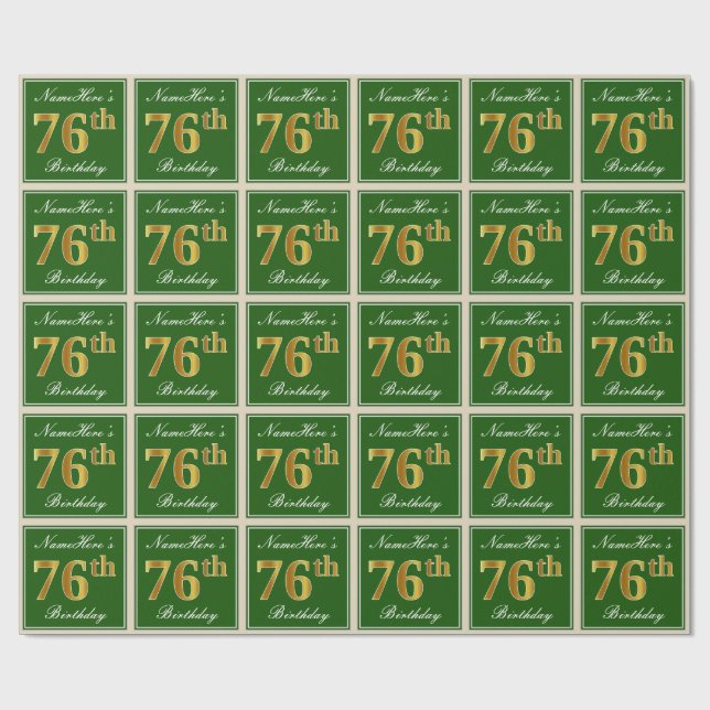 Elegant, Green, Faux Gold 76th Birthday + Name Wrapping Paper (Flat)