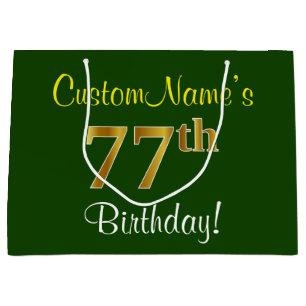 Elegant, Green, Faux Gold 77th Birthday + Name Large Gift Bag