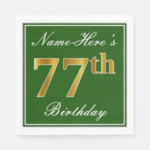 Elegant Green, Faux Gold 77th Birthday + Name Napkin