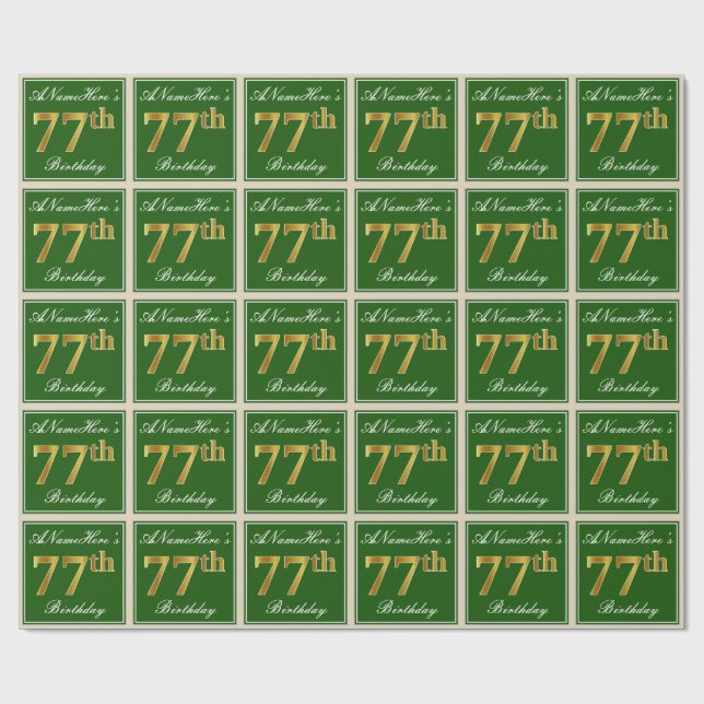 Elegant, Green, Faux Gold 77th Birthday + Name Wrapping Paper (Flat)