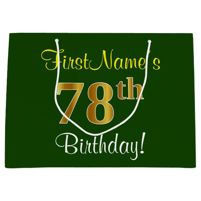 Elegant, Green, Faux Gold 78th Birthday + Name Large Gift Bag (Front)