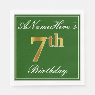 Elegant Green, Faux Gold 7th Birthday; Custom Name Napkin