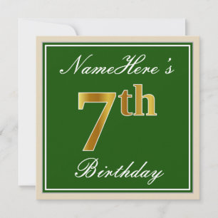 Elegant, Green, Faux Gold 7th Birthday + Name Invitation