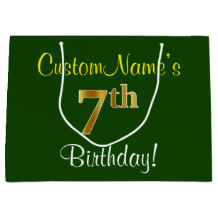 Elegant, Green, Faux Gold 7th Birthday + Name Large Gift Bag