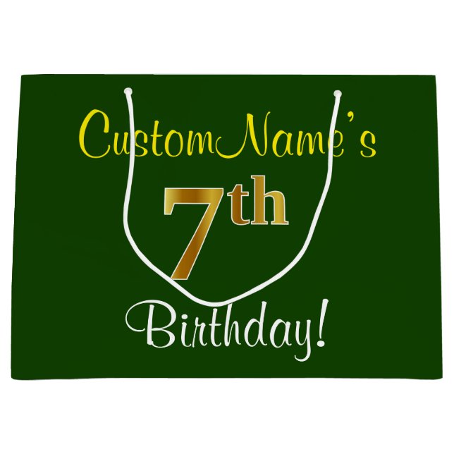 Elegant, Green, Faux Gold 7th Birthday + Name Large Gift Bag (Front)