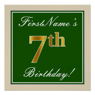 Elegant, Green, Faux Gold 7th Birthday + Name Poster