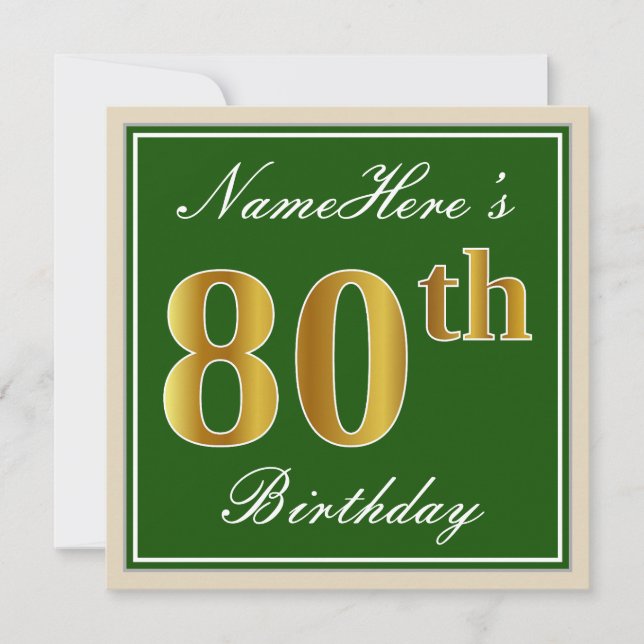 Elegant, Green, Faux Gold 80th Birthday + Name Invitation (Front)