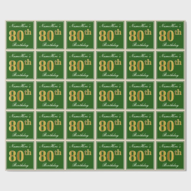 Elegant, Green, Faux Gold 80th Birthday + Name Wrapping Paper (Flat)