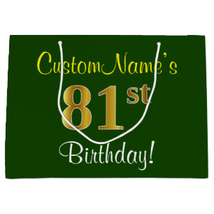 Elegant, Green, Faux Gold 81st Birthday + Name Large Gift Bag