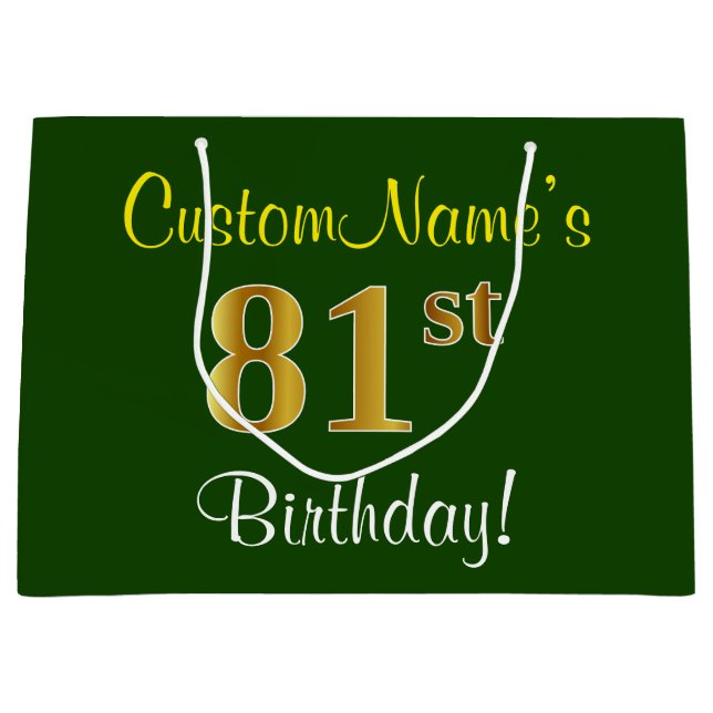 Elegant, Green, Faux Gold 81st Birthday + Name Large Gift Bag (Front)