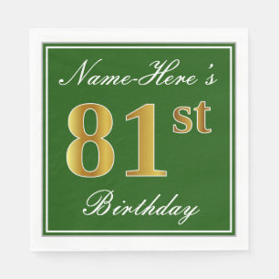 Elegant Green, Faux Gold 81st Birthday + Name Napkin