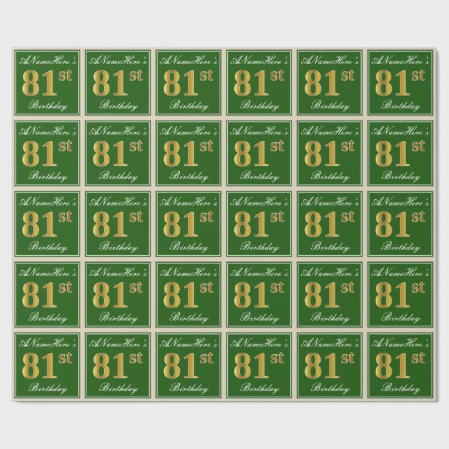 Elegant, Green, Faux Gold 81st Birthday + Name Wrapping Paper (Flat)