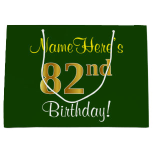 Elegant, Green, Faux Gold 82nd Birthday + Name Large Gift Bag