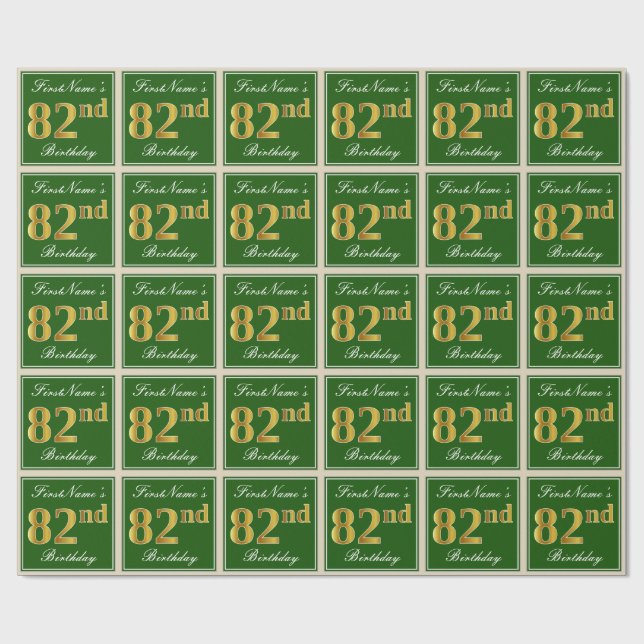 Elegant, Green, Faux Gold 82nd Birthday + Name Wrapping Paper (Flat)