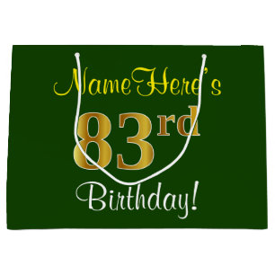 Elegant, Green, Faux Gold 83rd Birthday + Name Large Gift Bag