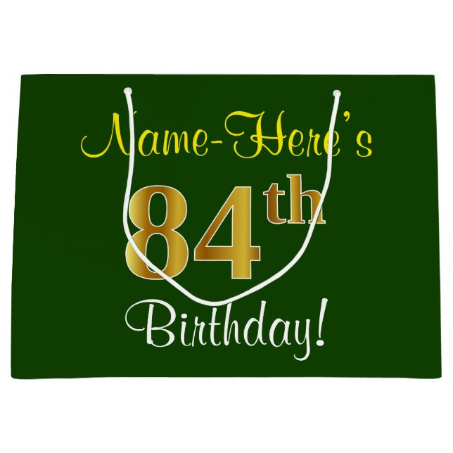 Elegant, Green, Faux Gold 84th Birthday + Name Large Gift Bag (Front)