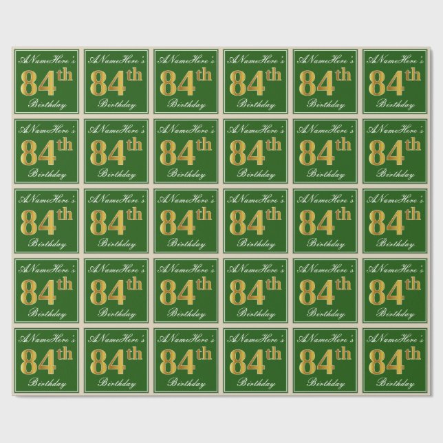Elegant, Green, Faux Gold 84th Birthday + Name Wrapping Paper (Flat)