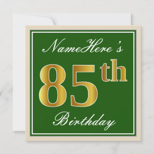 Elegant, Green, Faux Gold 85th Birthday + Name Invitation