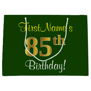 Elegant, Green, Faux Gold 85th Birthday + Name Large Gift Bag