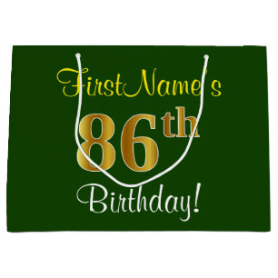 Elegant, Green, Faux Gold 86th Birthday + Name Large Gift Bag