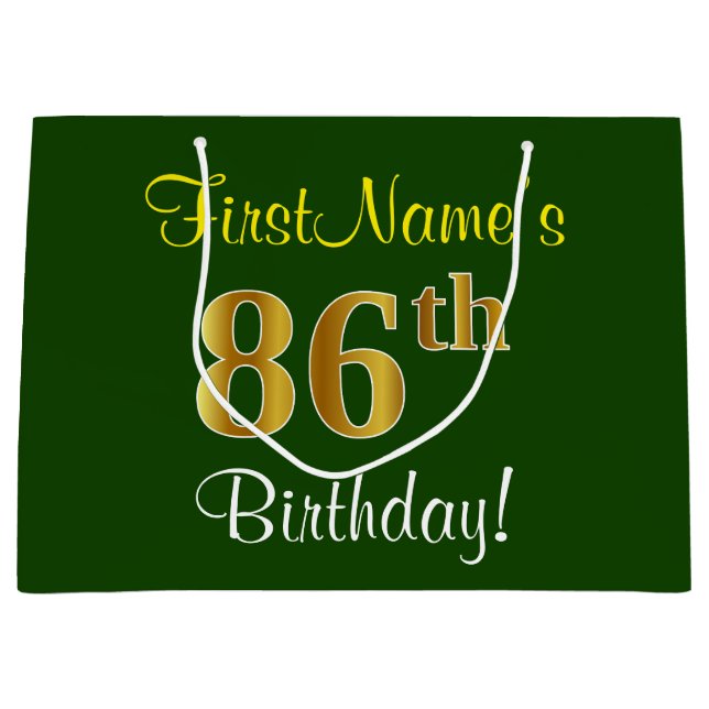 Elegant, Green, Faux Gold 86th Birthday + Name Large Gift Bag (Front)