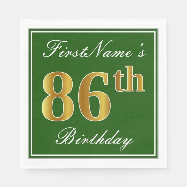 Elegant Green, Faux Gold 86th Birthday + Name Napkin (Front)