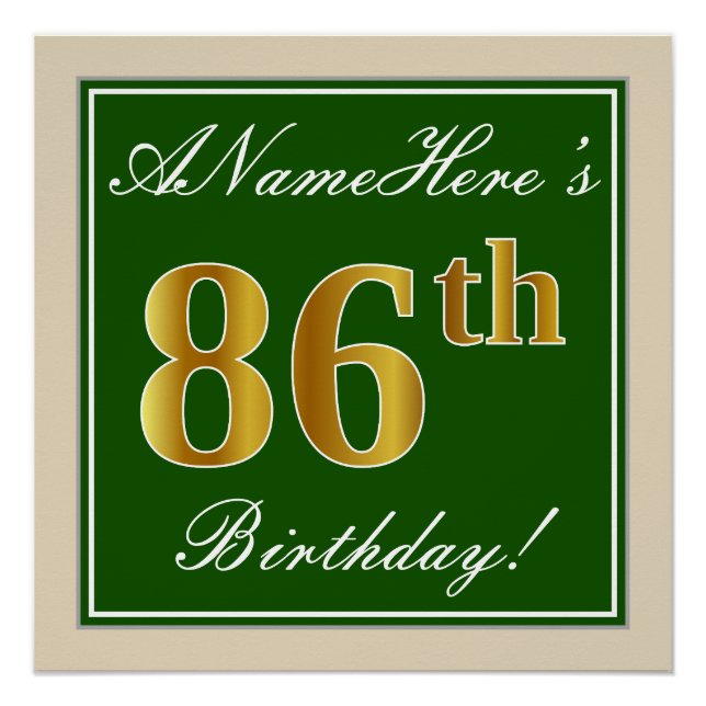 Elegant, Green, Faux Gold 86th Birthday + Name Poster (Front)