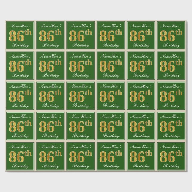 Elegant, Green, Faux Gold 86th Birthday + Name Wrapping Paper (Flat)