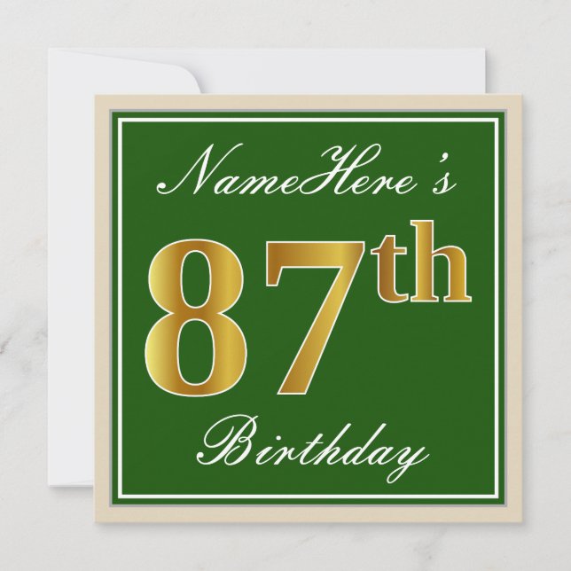 Elegant, Green, Faux Gold 87th Birthday + Name Invitation (Front)