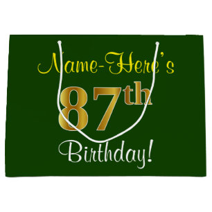 Elegant, Green, Faux Gold 87th Birthday + Name Large Gift Bag