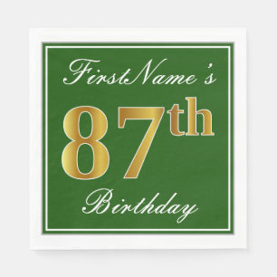 Elegant Green, Faux Gold 87th Birthday + Name Napkin