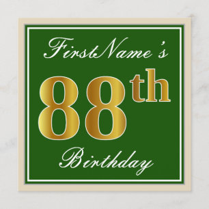 Elegant, Green, Faux Gold 88th Birthday + Name Invitation