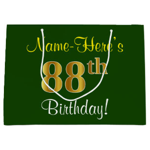 Elegant, Green, Faux Gold 88th Birthday + Name Large Gift Bag