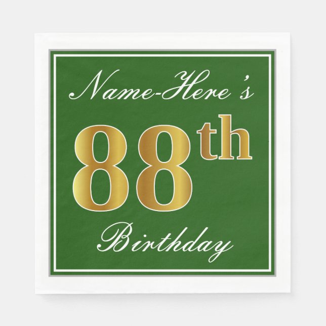 Elegant Green, Faux Gold 88th Birthday + Name Napkin (Front)