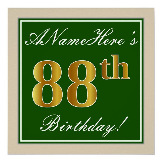 Elegant, Green, Faux Gold 88th Birthday + Name Poster (Front)